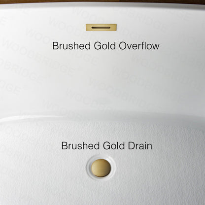 WoodBridge B0083 59" White Acrylic Freestanding Soaking Bathtub With Brushed Gold Drain, Overflow, F-0003-BG Tub Filler and Caddy Tray