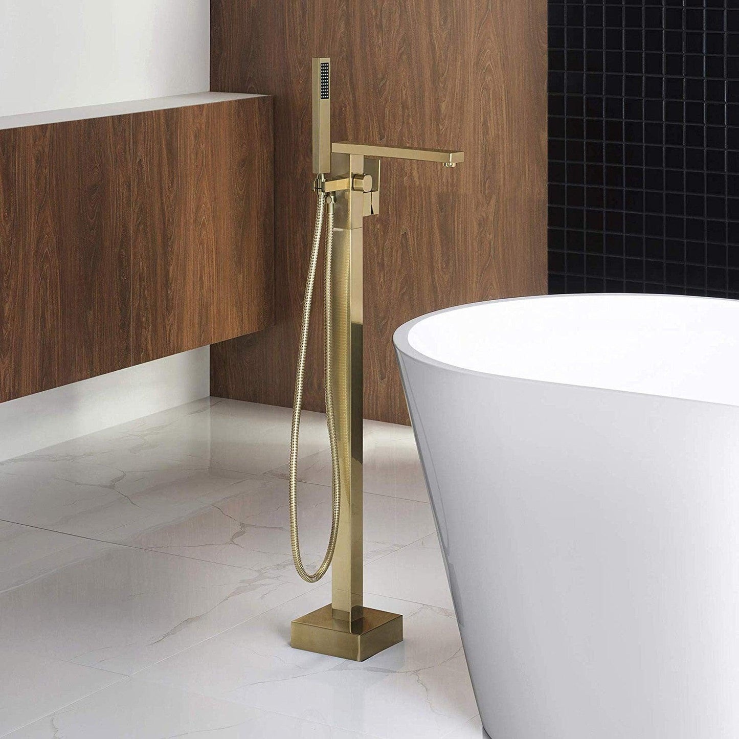WoodBridge B0083 59" White Acrylic Freestanding Soaking Bathtub With Brushed Gold Drain, Overflow, F-0003-BG Tub Filler and Caddy Tray