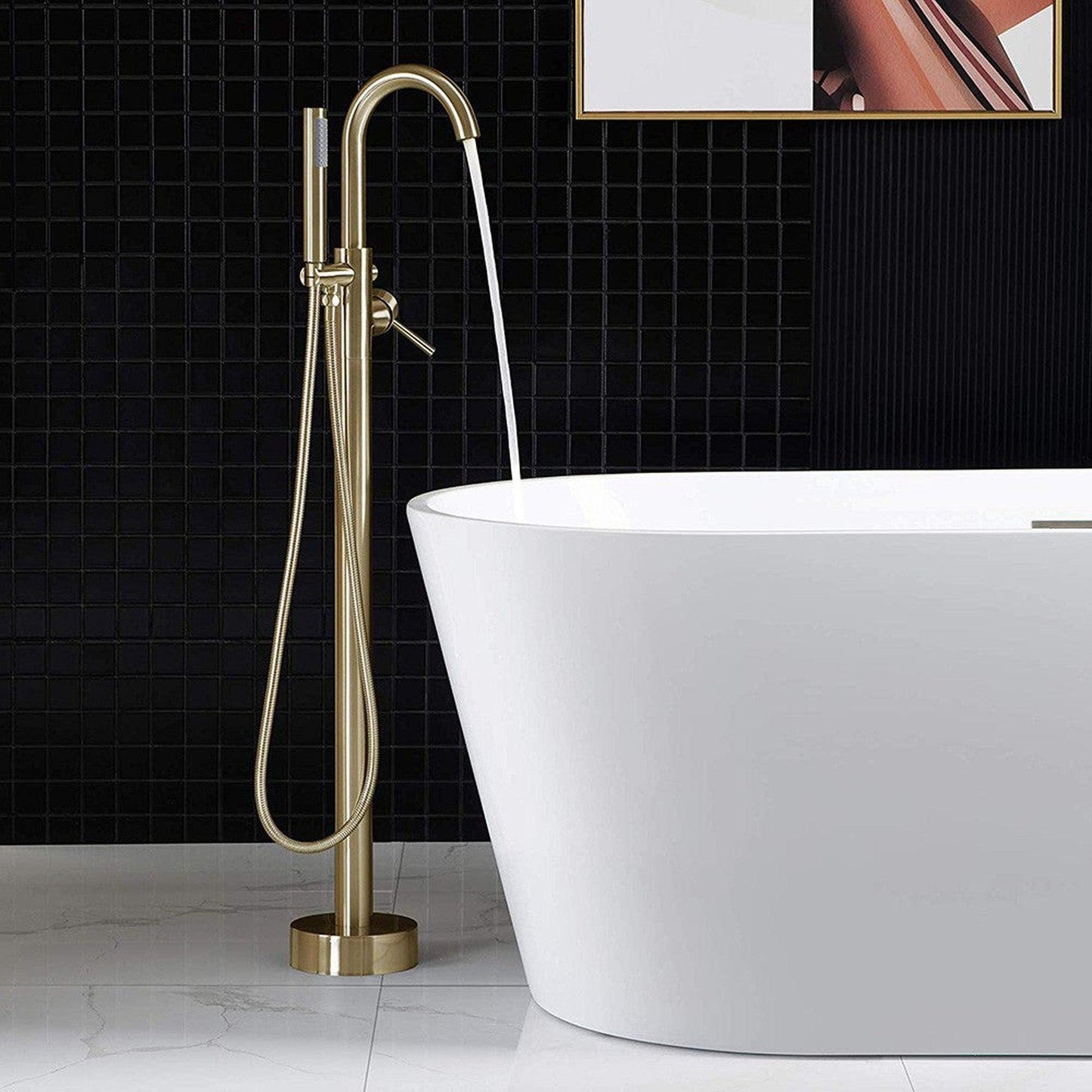 WoodBridge B0083 59" White Acrylic Freestanding Soaking Bathtub With Brushed Gold Drain, Overflow, F-0007BGRD Tub Filler and Caddy Tray