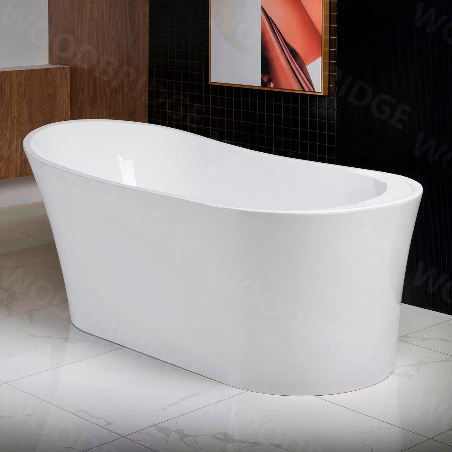 WoodBridge B0083 59" White Acrylic Freestanding Soaking Bathtub With Brushed Gold Drain, Overflow, F-0007BGRD Tub Filler and Caddy Tray