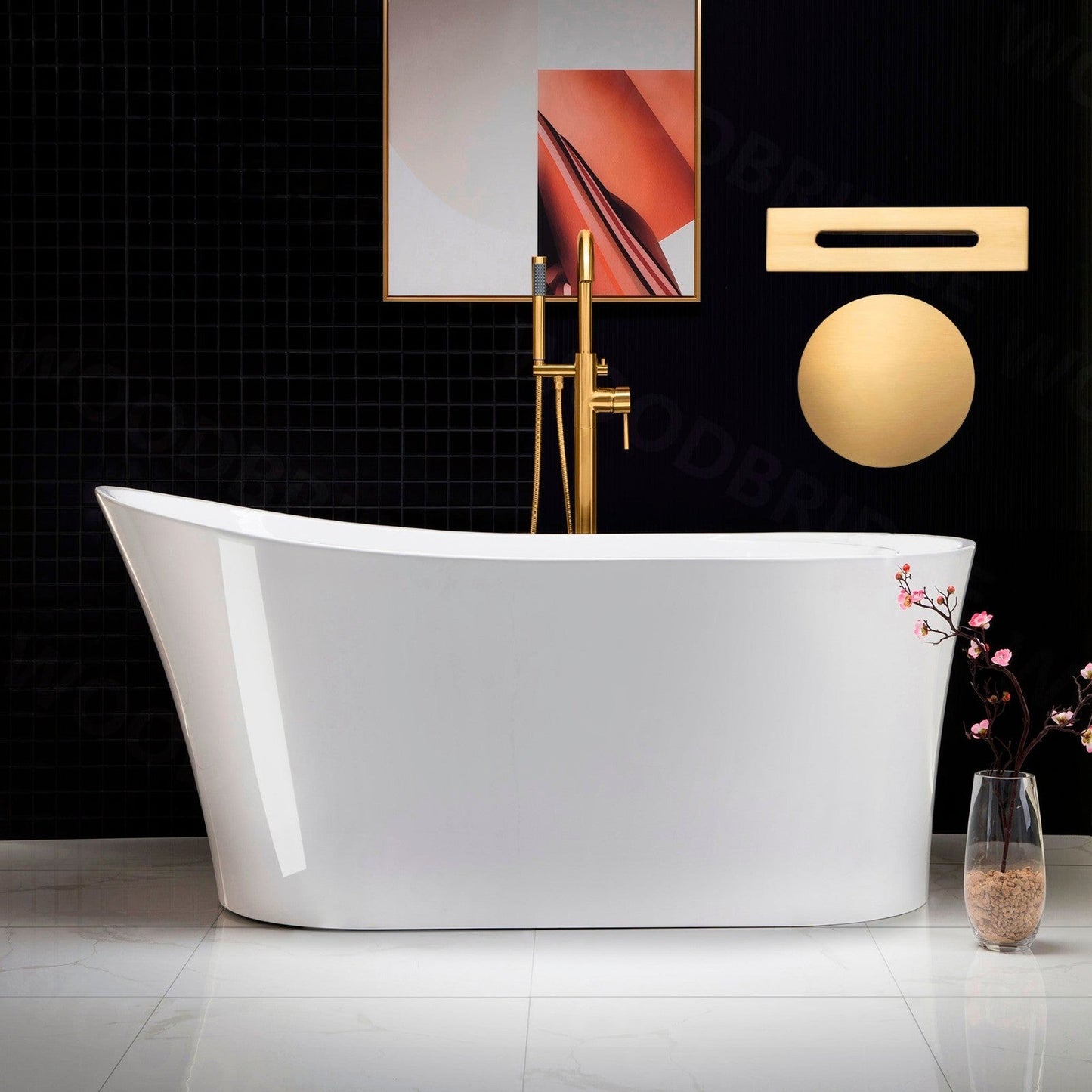 WoodBridge B0083 59" White Acrylic Freestanding Soaking Bathtub With Brushed Gold Drain, Overflow, F-0007BGRD Tub Filler and Caddy Tray