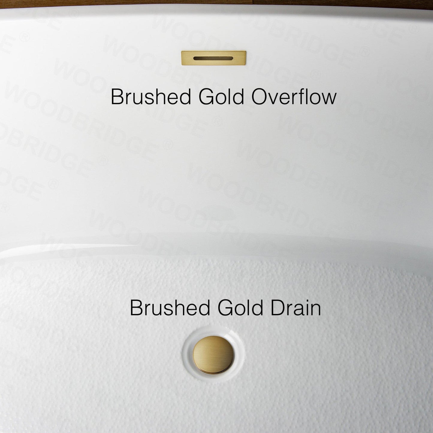 WoodBridge B0083 59" White Acrylic Freestanding Soaking Bathtub With Brushed Gold Drain, Overflow, F-0007BGVT Tub Filler and Caddy Tray