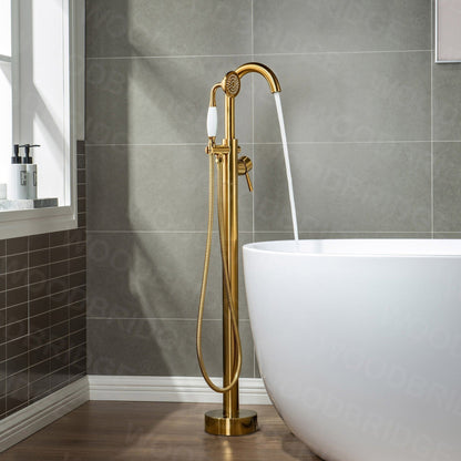 WoodBridge B0083 59" White Acrylic Freestanding Soaking Bathtub With Brushed Gold Drain, Overflow, F-0007BGVT Tub Filler and Caddy Tray