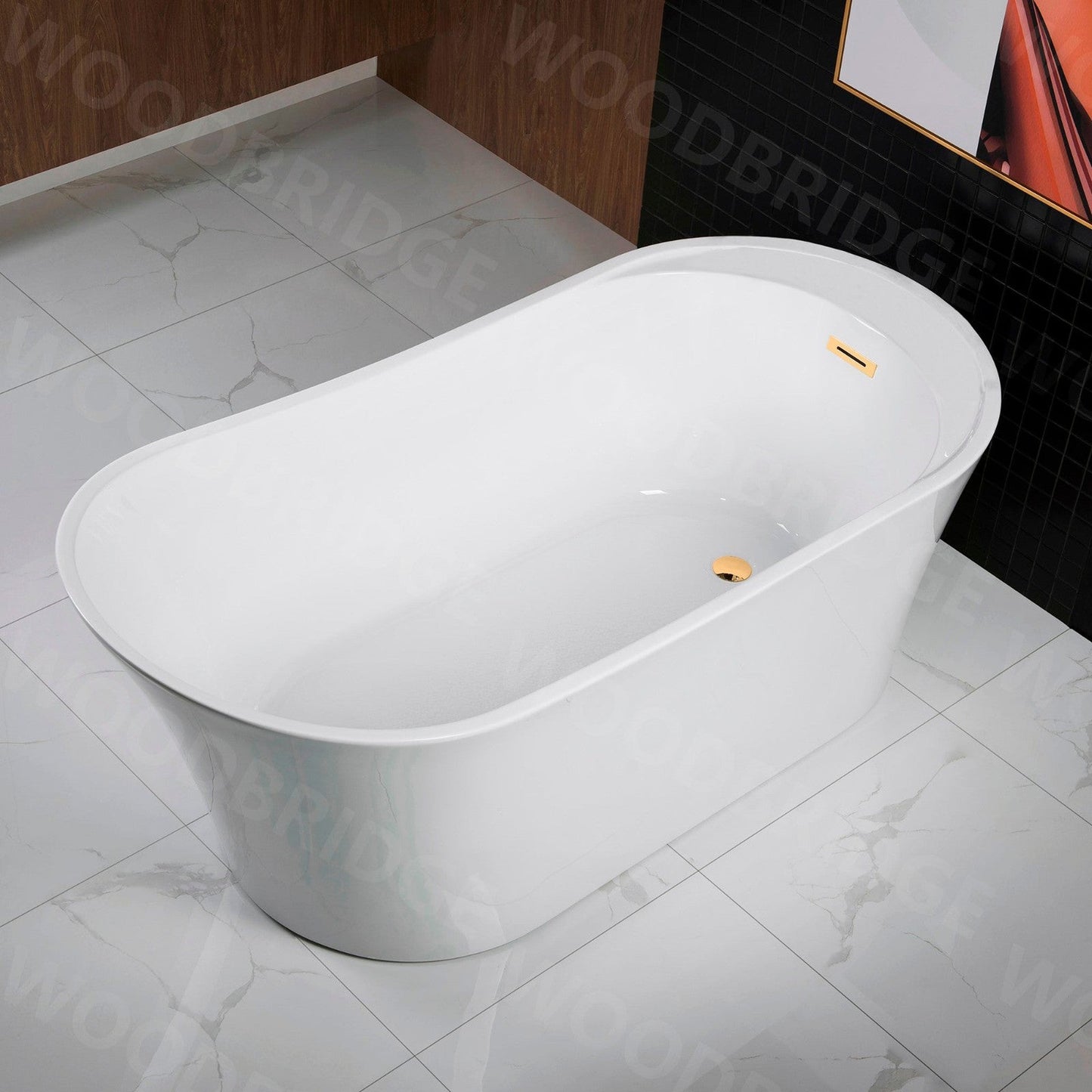 WoodBridge B0083 59" White Acrylic Freestanding Soaking Bathtub With Brushed Gold Drain, Overflow, F0026BGVT Tub Filler and Caddy Tray