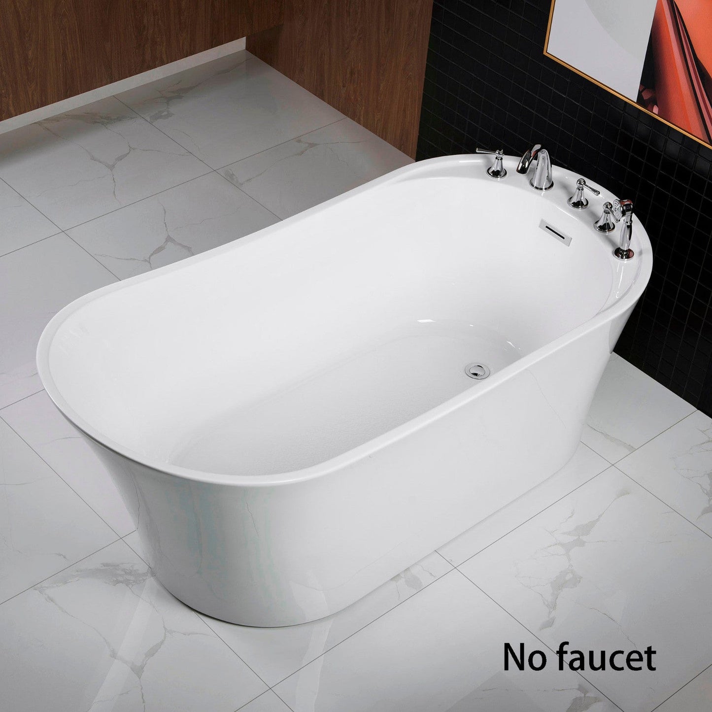 WoodBridge B0083 59" White Acrylic Freestanding Soaking Bathtub With Brushed Nickel Drain, Overflow, F0022 Tub Filler and Caddy Tray