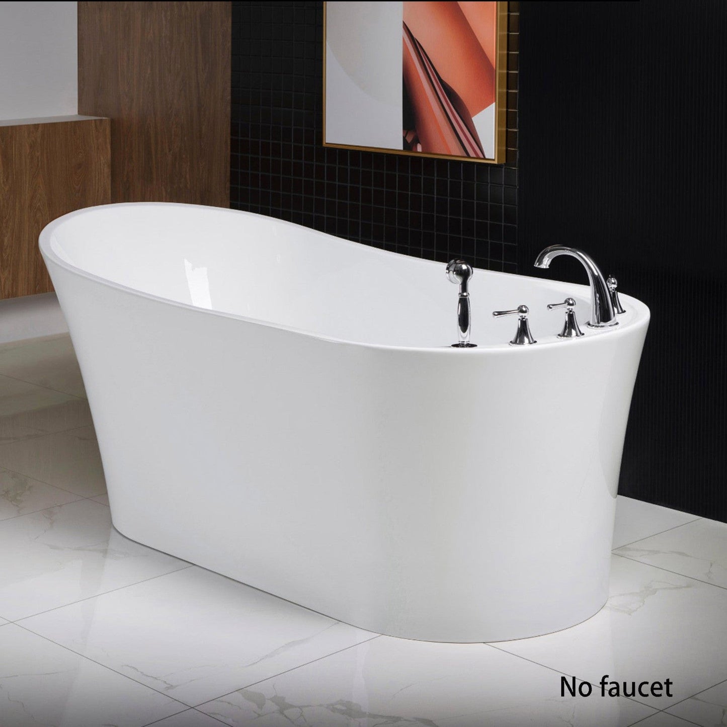 WoodBridge B0083 59" White Acrylic Freestanding Soaking Bathtub With Brushed Nickel Drain, Overflow, F0022 Tub Filler and Caddy Tray