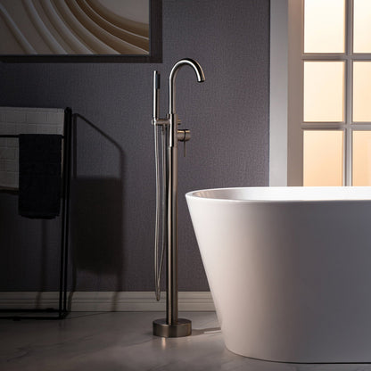WoodBridge BTA1526 67" White Acrylic Freestanding Contemporary Soaking Bathtub With Brushed Nickel Overflow, Drain, F0023BNRD Tub Filler and Caddy Tray
