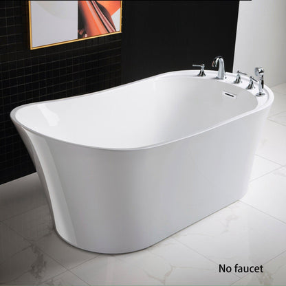 WoodBridge B0083 59" White Acrylic Freestanding Soaking Bathtub With Brushed Nickel Drain, Overflow, F0023BNVT Tub Filler and Caddy Tray