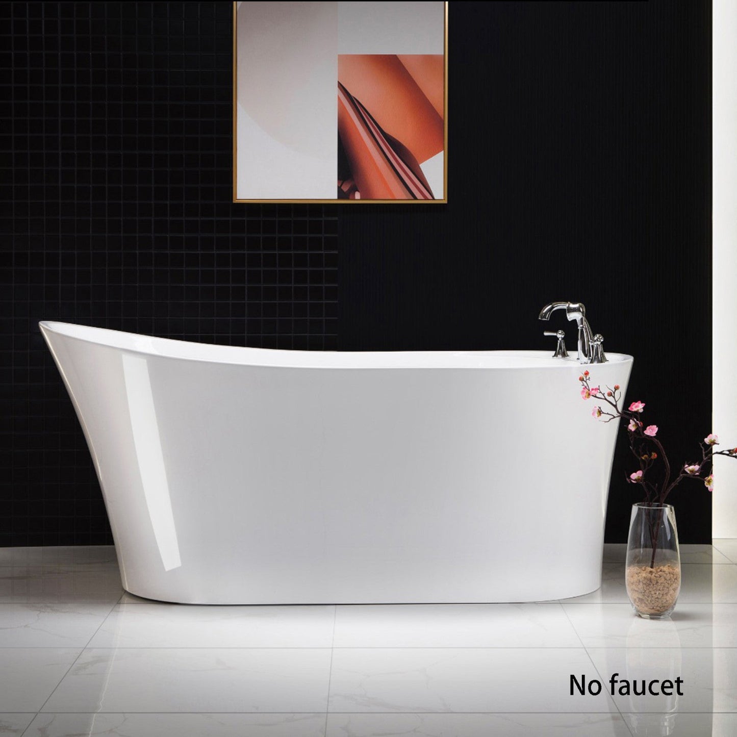 WoodBridge B0083 59" White Acrylic Freestanding Soaking Bathtub With Brushed Nickel Drain and Overflow