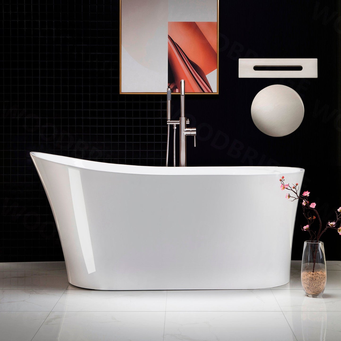 WoodBridge B0083 59" White Acrylic Freestanding Soaking Bathtub With Brushed Nickel Drain and Overflow