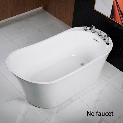 WoodBridge B0083 59" White Acrylic Freestanding Soaking Bathtub With Chrome Drain and Overflow