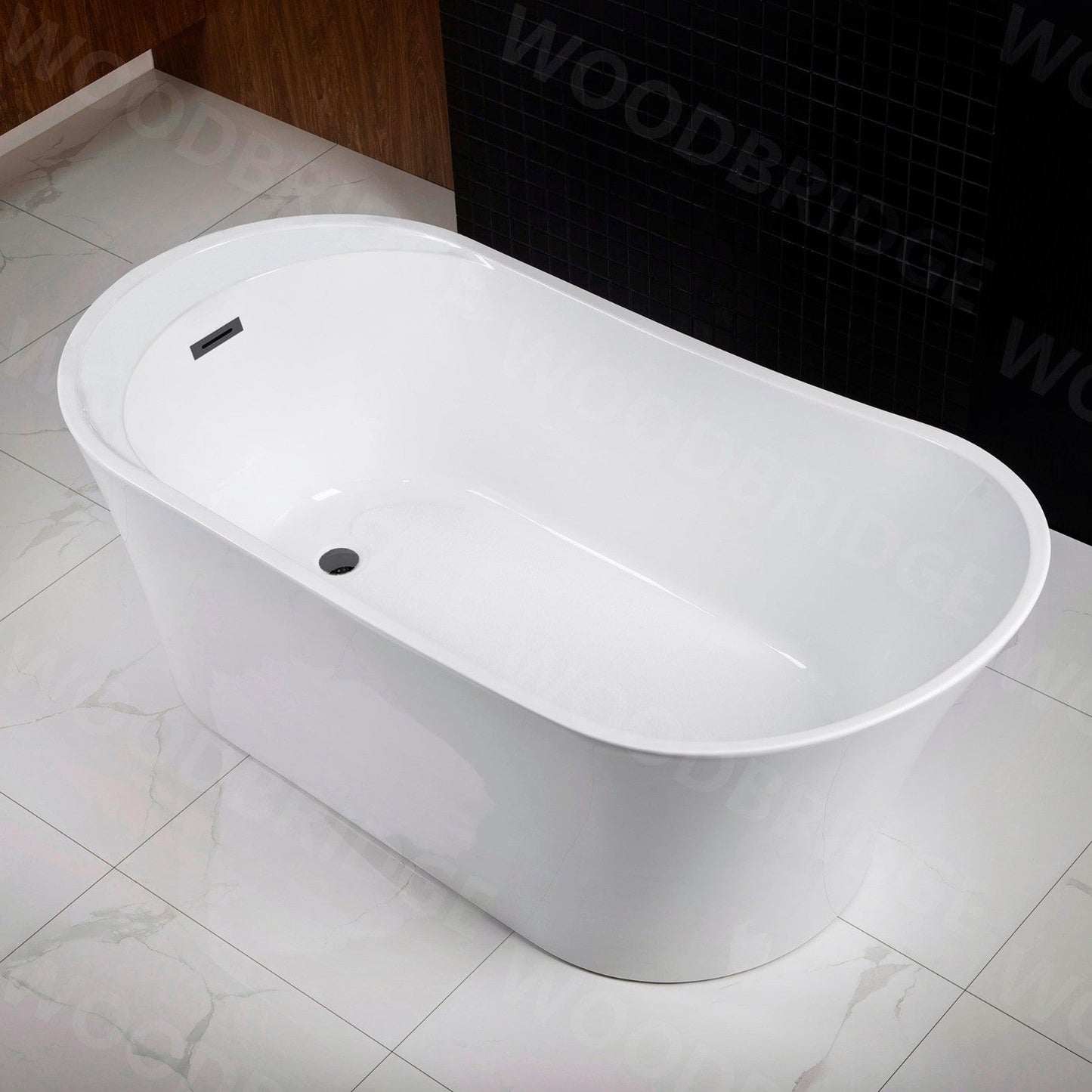 WoodBridge B0083 59" White Acrylic Freestanding Soaking Bathtub With Matte Black Drain, Overflow, F0006MBVT Tub Filler and Caddy Tray