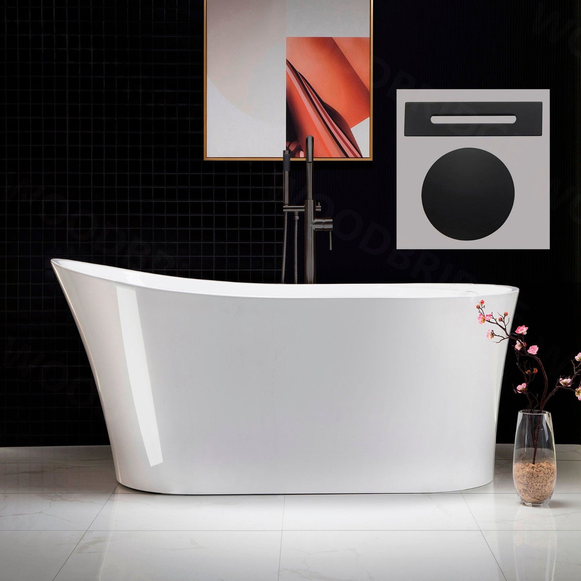 WoodBridge B0083 59" White Acrylic Freestanding Soaking Bathtub With Matte Black Drain, Overflow, F0006MBVT Tub Filler and Caddy Tray