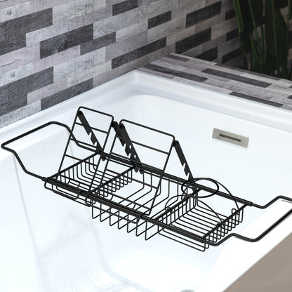 WoodBridge B0083 59" White Acrylic Freestanding Soaking Bathtub With Matte Black Drain, Overflow, F0072MBVT Tub Filler and Caddy Tray