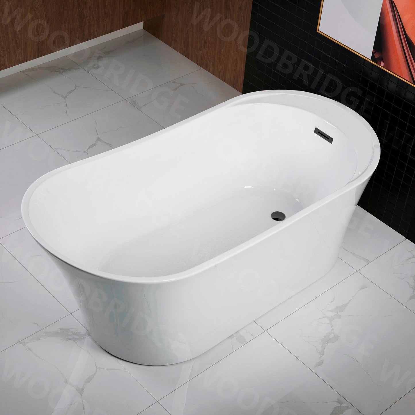 WoodBridge B0083 59" White Acrylic Freestanding Soaking Bathtub With Matte Black Drain, Overflow, F0072MBVT Tub Filler and Caddy Tray