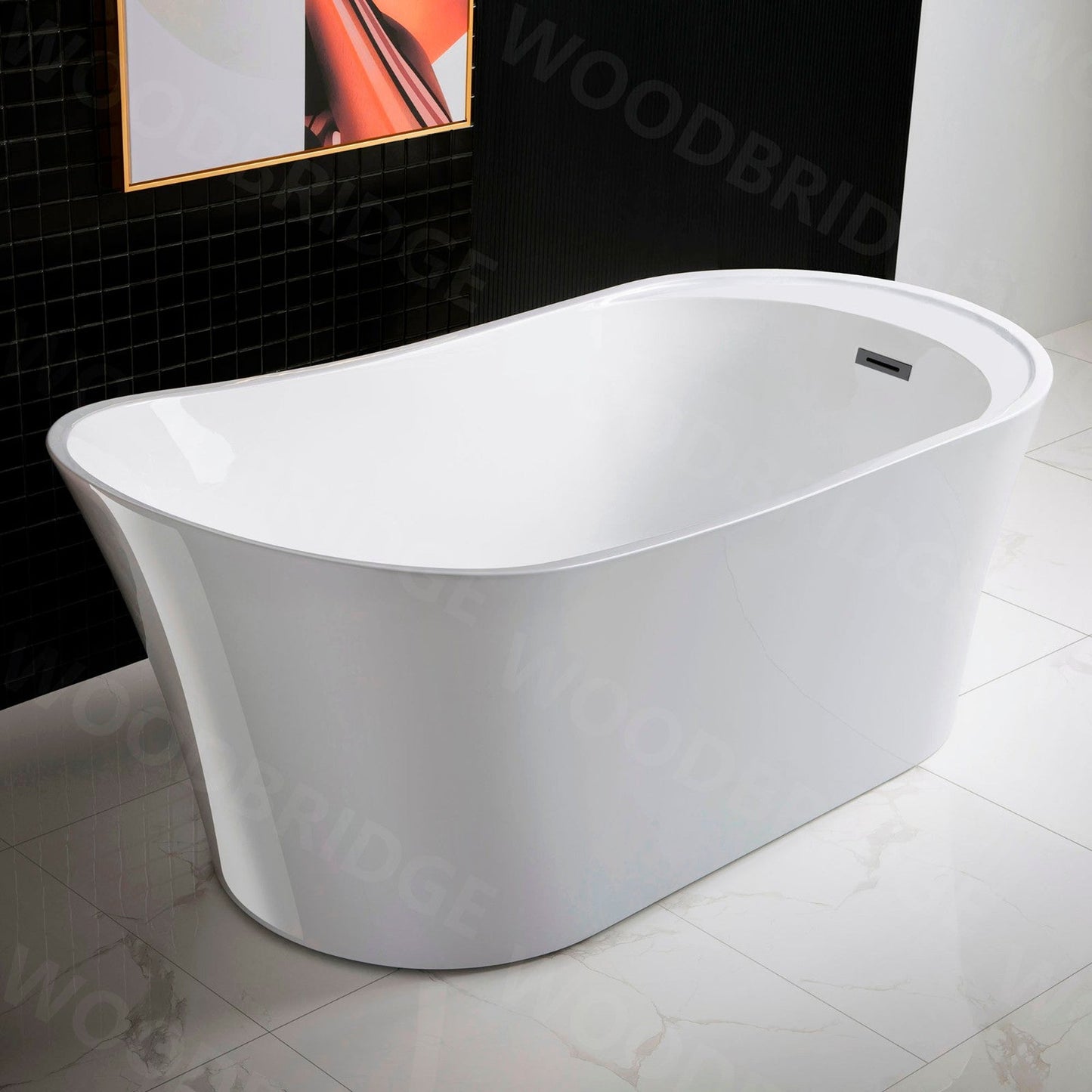 WoodBridge B0083 59" White Acrylic Freestanding Soaking Bathtub With Matte Black Drain and Overflow