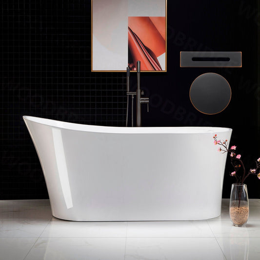 WoodBridge B0083 59" White Acrylic Freestanding Soaking Bathtub With Oil Rubbed Bronze Drain and Overflow