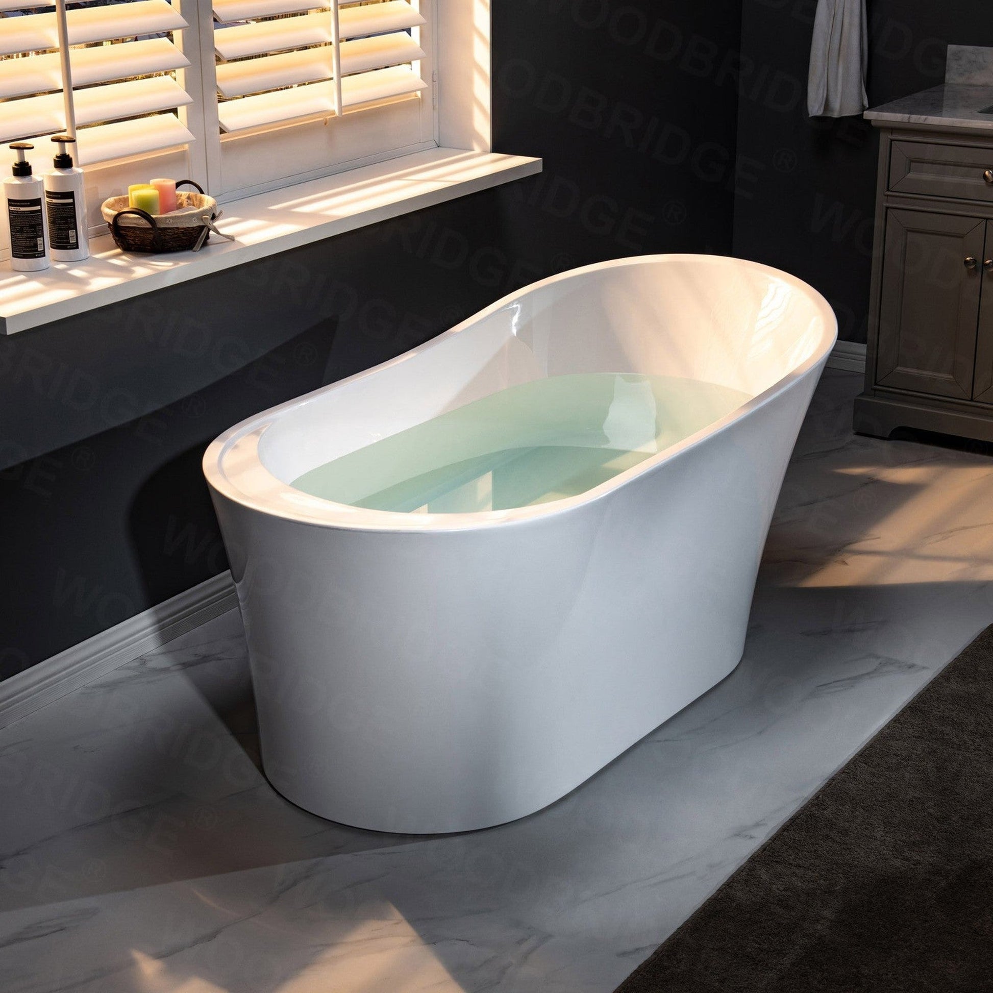 WoodBridge B0084 67" White Acrylic Freestanding Soaking Bathtub With Brushed Gold Drain, Overflow, F0073BGVT Tub Filler and Caddy Tray