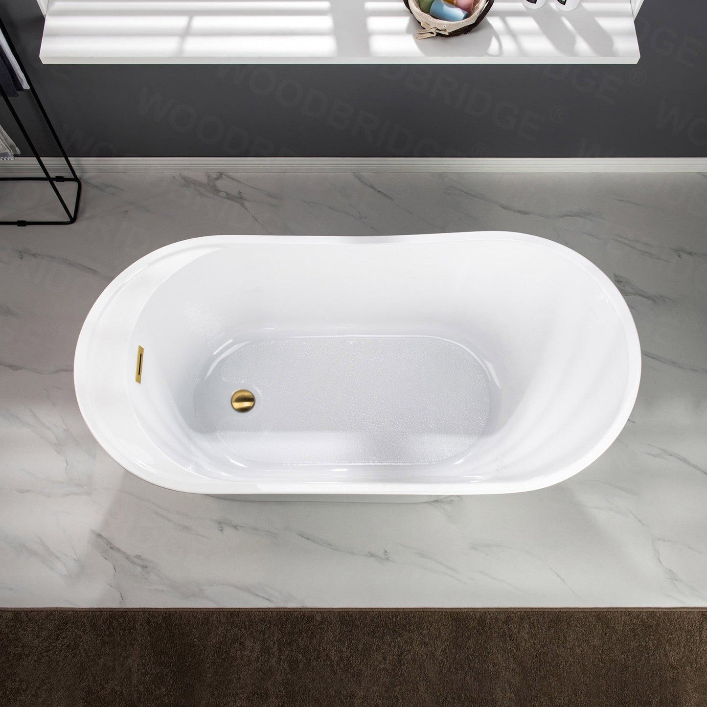 WoodBridge B0084 67" White Acrylic Freestanding Soaking Bathtub With Brushed Gold Drain, Overflow, F0073BGVT Tub Filler and Caddy Tray