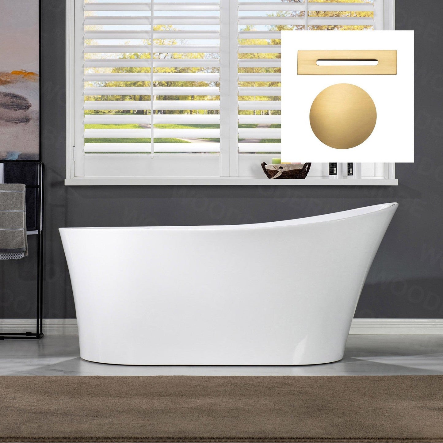 WoodBridge B0084 67" White Acrylic Freestanding Soaking Bathtub With Brushed Gold Drain, Overflow, F0073BGVT Tub Filler and Caddy Tray