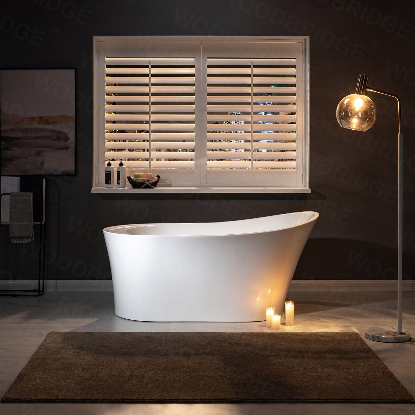 WoodBridge B0084 67" White Acrylic Freestanding Soaking Bathtub With Brushed Gold Drain and Overflow