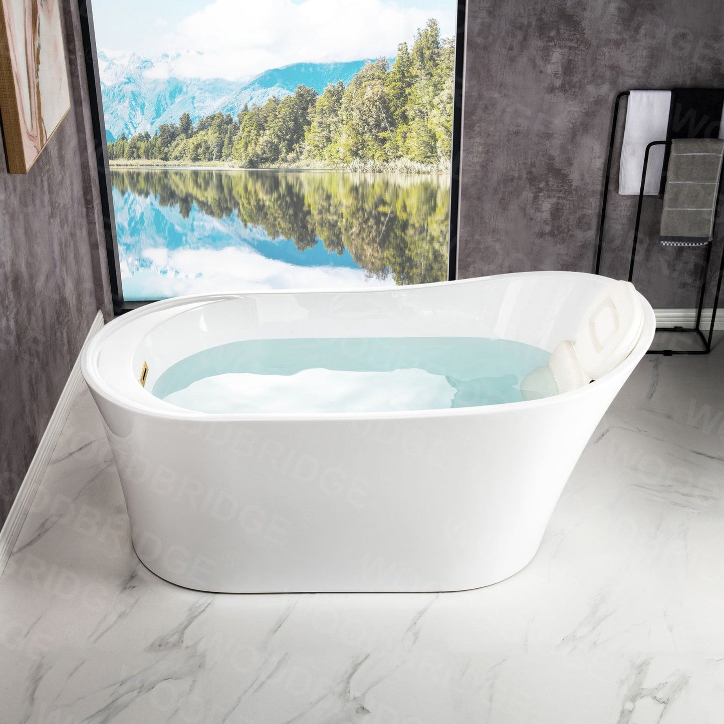 WoodBridge B0084 67" White Acrylic Freestanding Soaking Bathtub With Brushed Gold Drain and Overflow