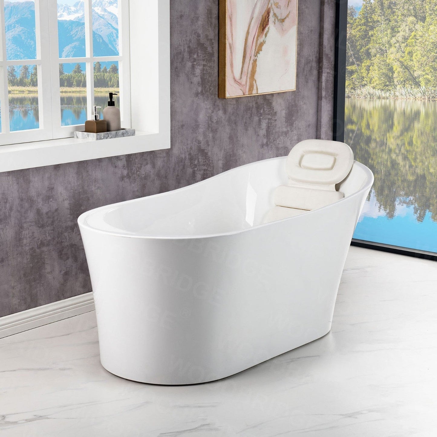 WoodBridge B0084 67" White Acrylic Freestanding Soaking Bathtub With Brushed Nickel Drain, Overflow, F0070BNVT Tub Filler and Caddy Tray