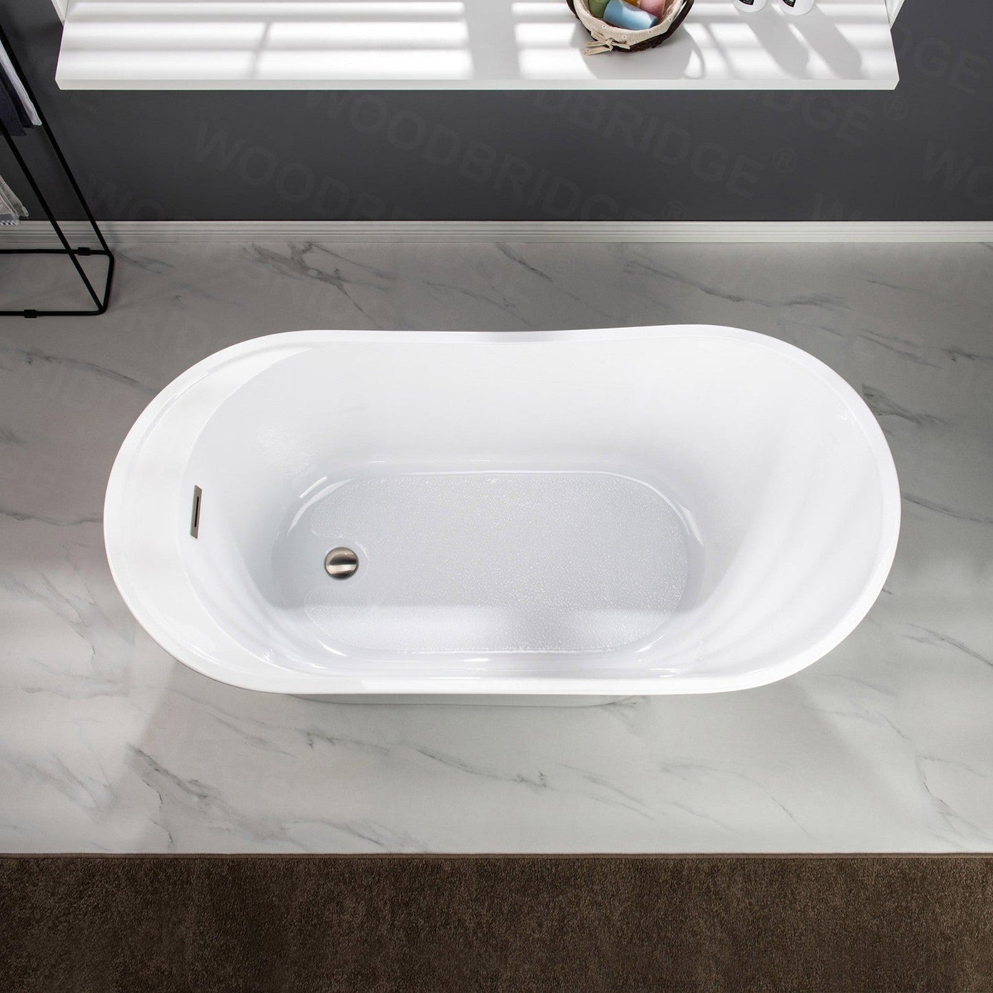 WoodBridge B0084 67" White Acrylic Freestanding Soaking Bathtub With Brushed Nickel Drain, Overflow, F0070BNVT Tub Filler and Caddy Tray
