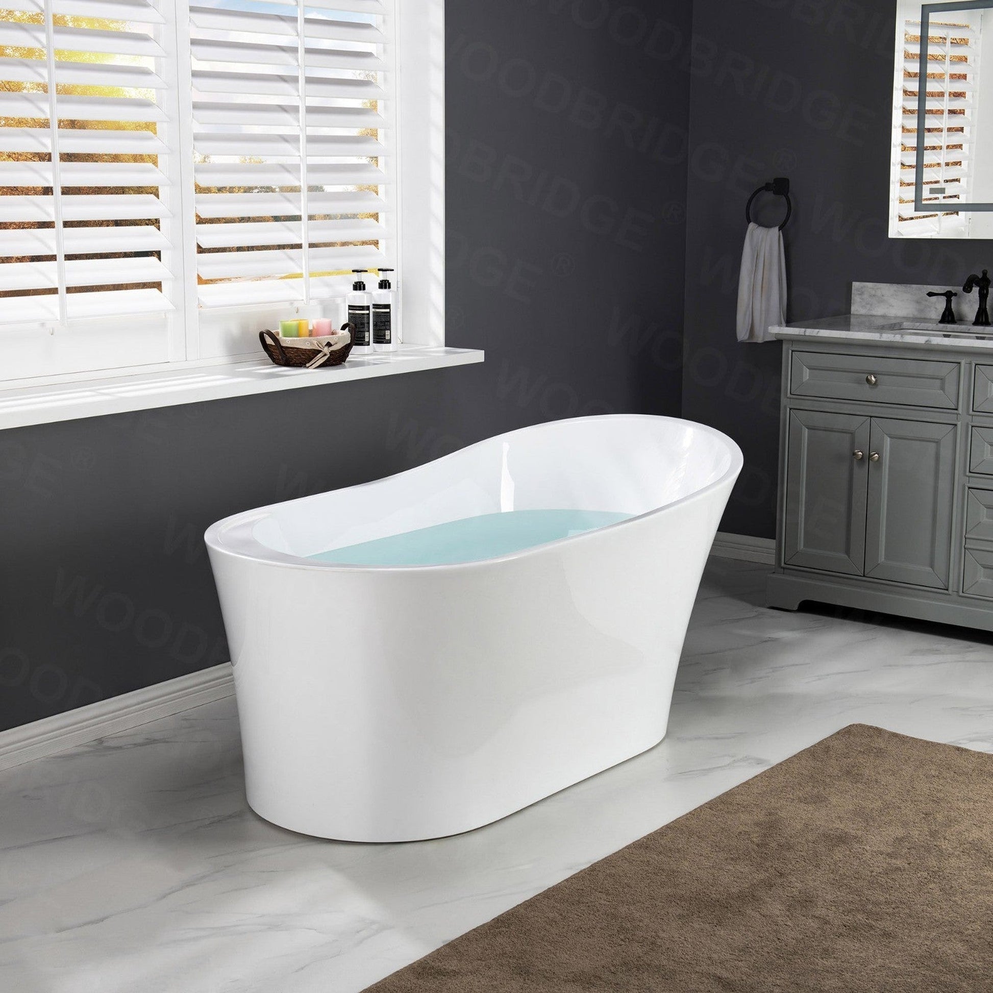 WoodBridge B0084 67" White Acrylic Freestanding Soaking Bathtub With Brushed Nickel Drain, Overflow, F0040BN Tub Filler and Caddy Tray