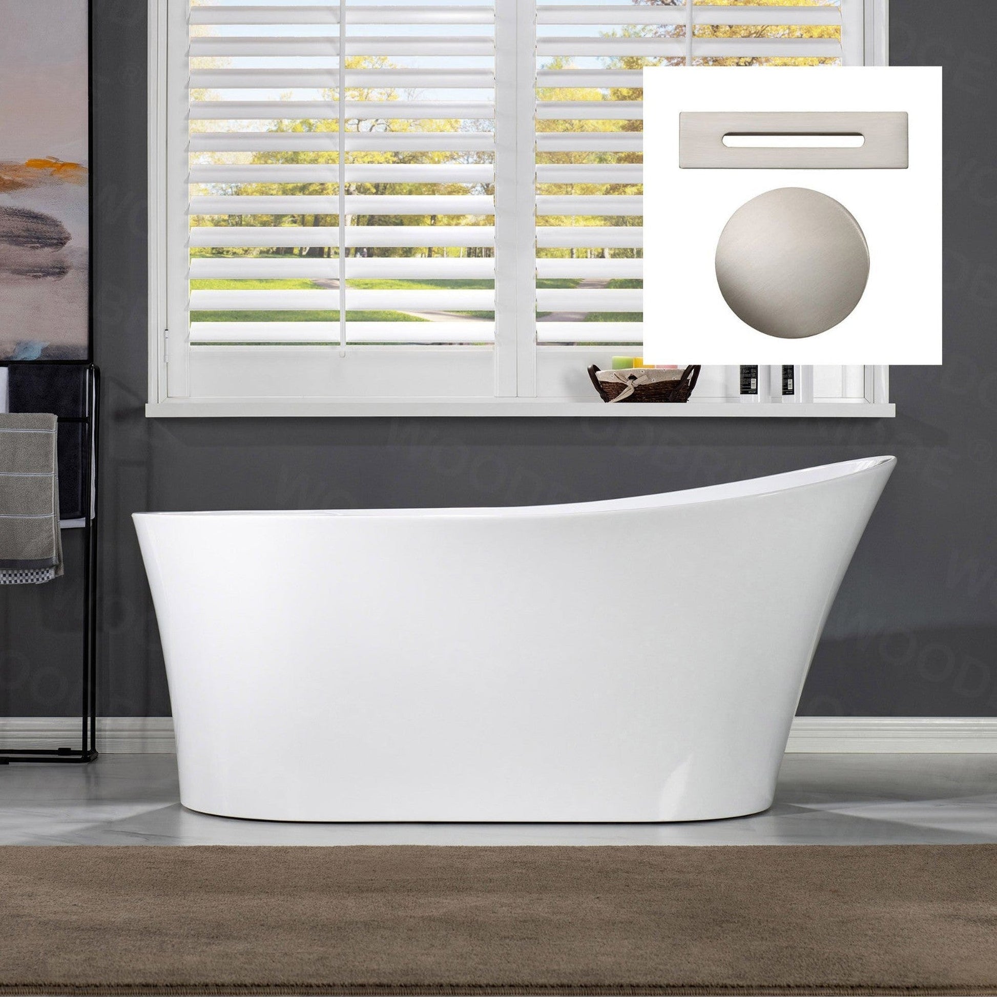 WoodBridge B0084 67" White Acrylic Freestanding Soaking Bathtub With Brushed Nickel Drain, Overflow, F0040BN Tub Filler and Caddy Tray