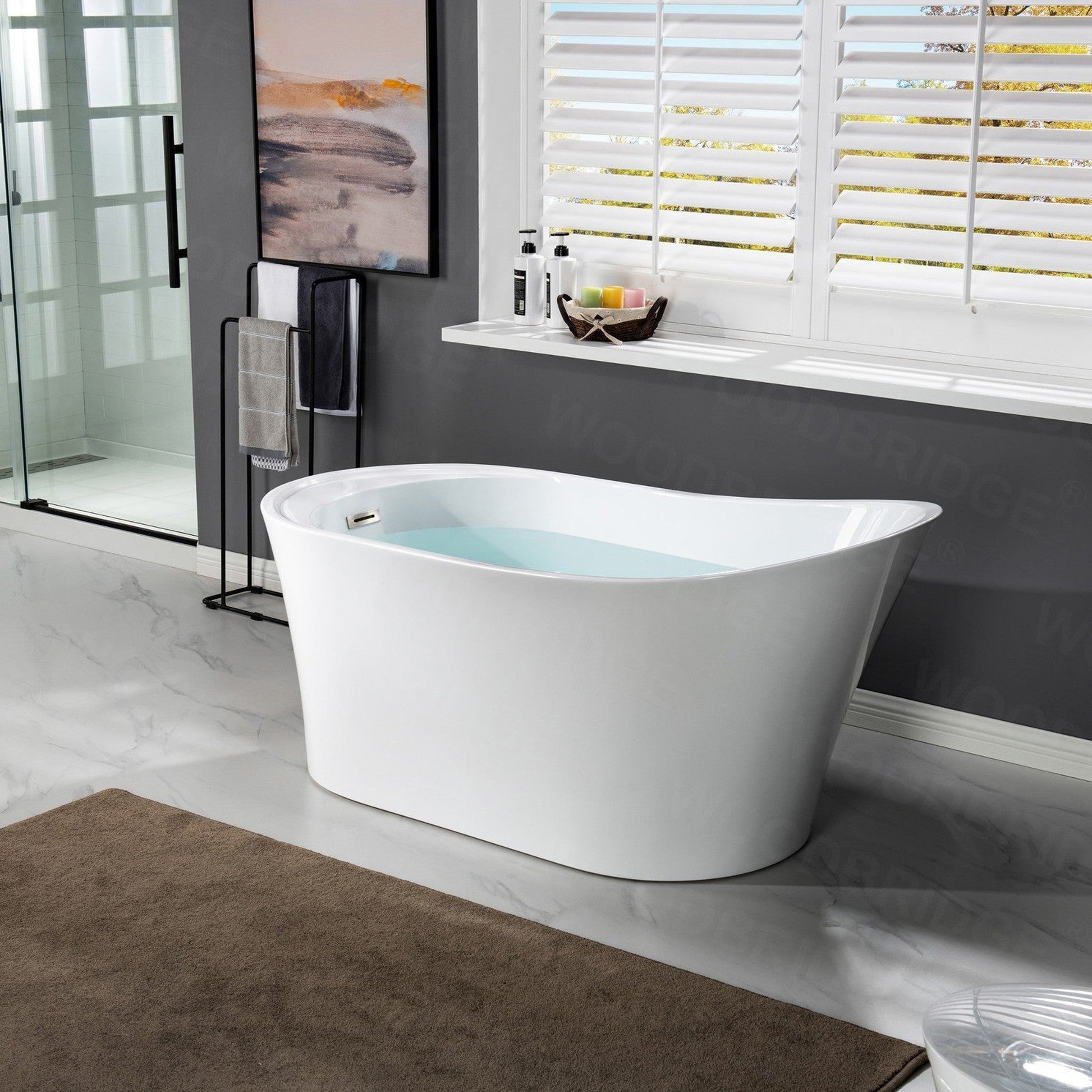WoodBridge B0084 67" White Acrylic Freestanding Soaking Bathtub With Brushed Nickel Drain, Overflow, F0070BNDR Tub Filler and Caddy Tray