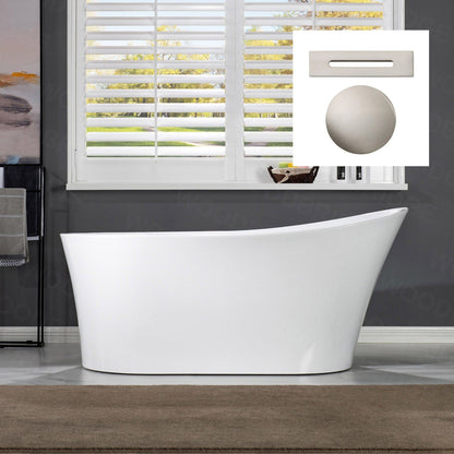 WoodBridge B0084 67" White Acrylic Freestanding Soaking Bathtub With Brushed Nickel Drain, Overflow, F0070BNDR Tub Filler and Caddy Tray
