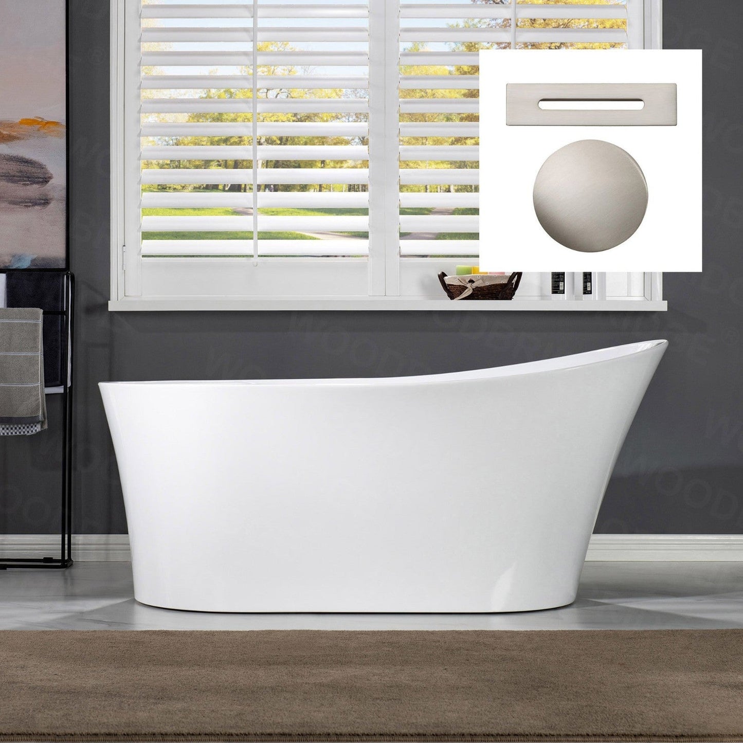 WoodBridge B0084 67" White Acrylic Freestanding Soaking Bathtub With Brushed Nickel Drain, Overflow, F0070BNRD Tub Filler and Caddy Tray