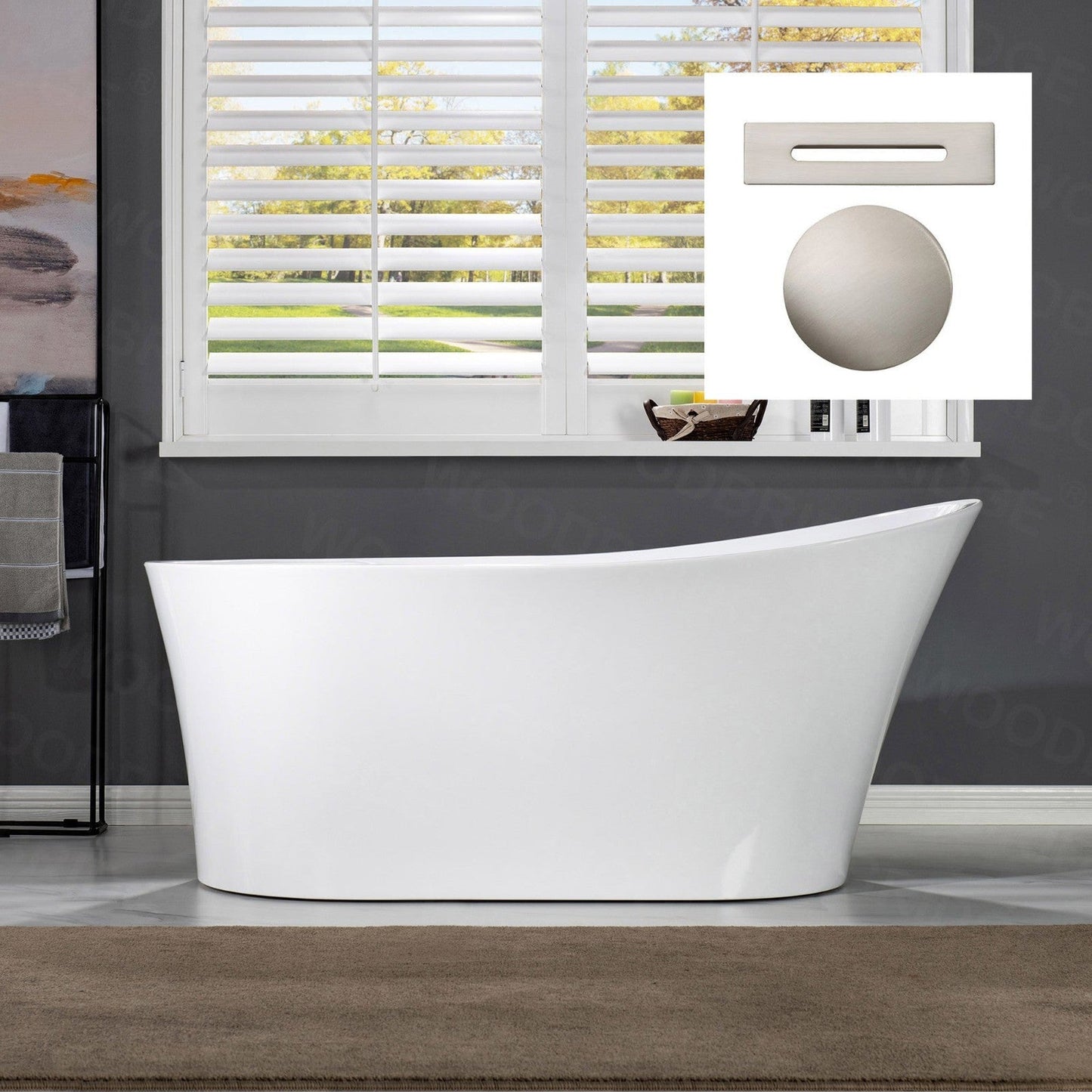 WoodBridge B0084 67" White Acrylic Freestanding Soaking Bathtub With Brushed Nickel Drain, Overflow, F0070BNSQ Tub Filler and Caddy Tray