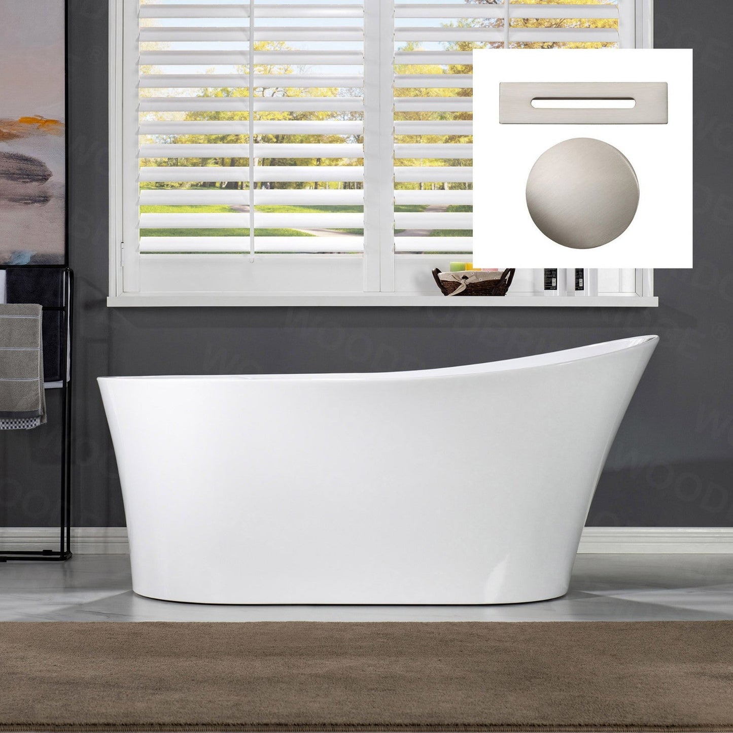 WoodBridge B0084 67" White Acrylic Freestanding Soaking Bathtub With Brushed Nickel Drain and Overflow