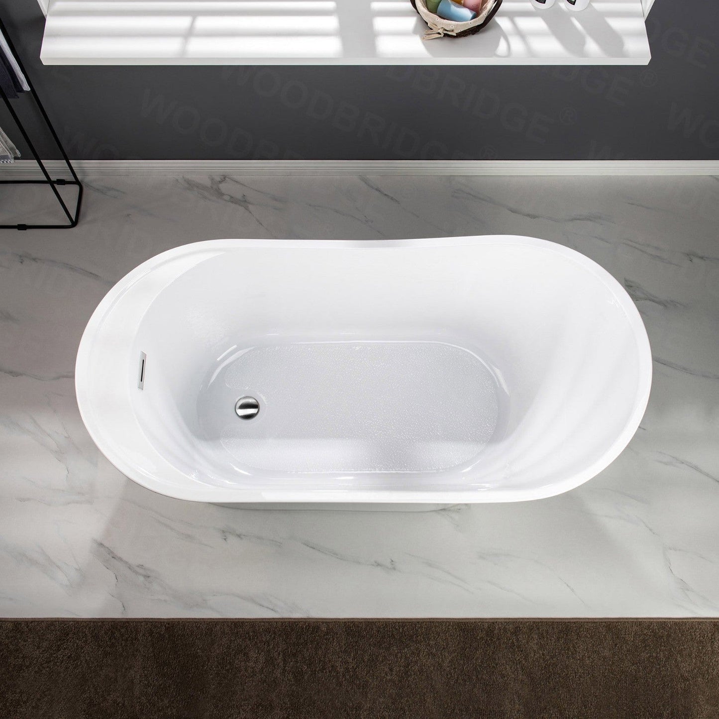 WoodBridge B0084 67" White Acrylic Freestanding Soaking Bathtub With Chrome Drain, Overflow, F-0013 Tub Filler and Caddy Tray