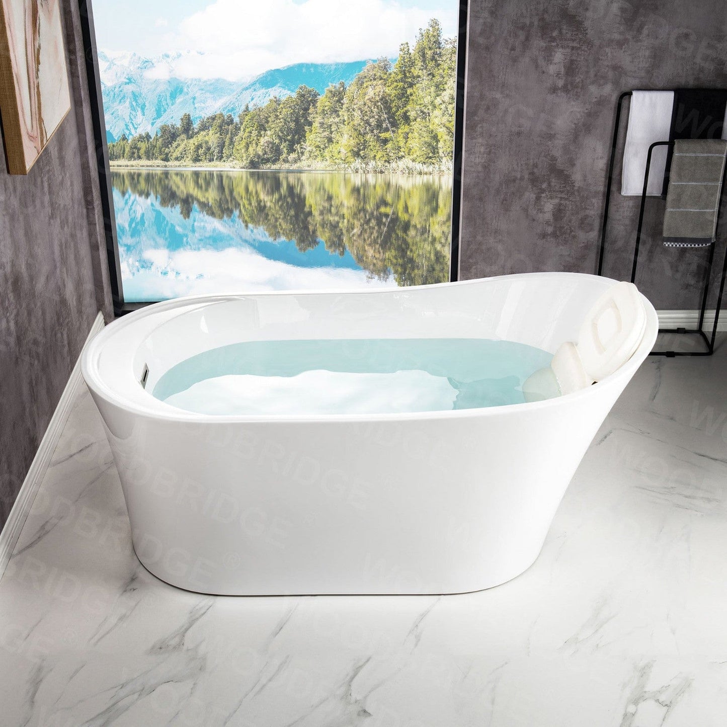 WoodBridge B0084 67" White Acrylic Freestanding Soaking Bathtub With Chrome Drain, Overflow, F-0013 Tub Filler and Caddy Tray