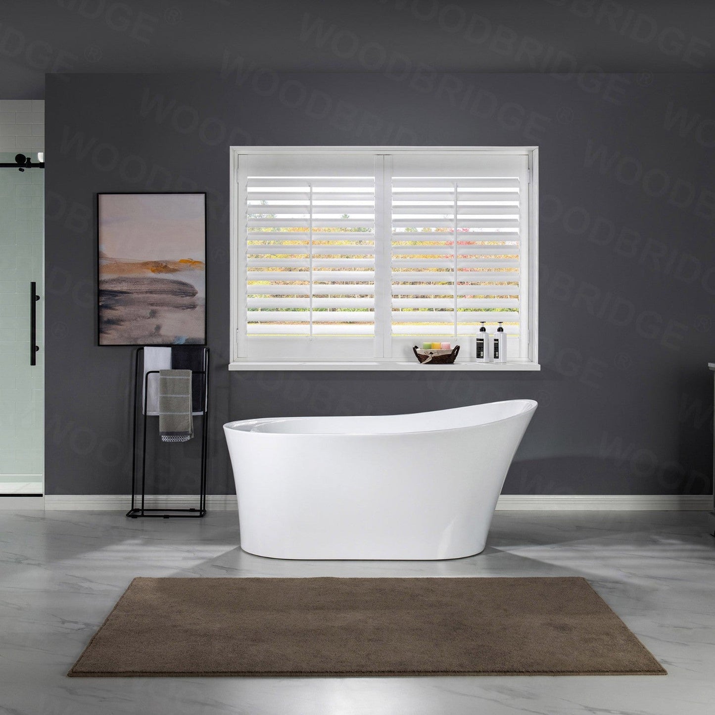 WoodBridge B0084 67" White Acrylic Freestanding Soaking Bathtub With Chrome Drain, Overflow, F-0013 Tub Filler and Caddy Tray