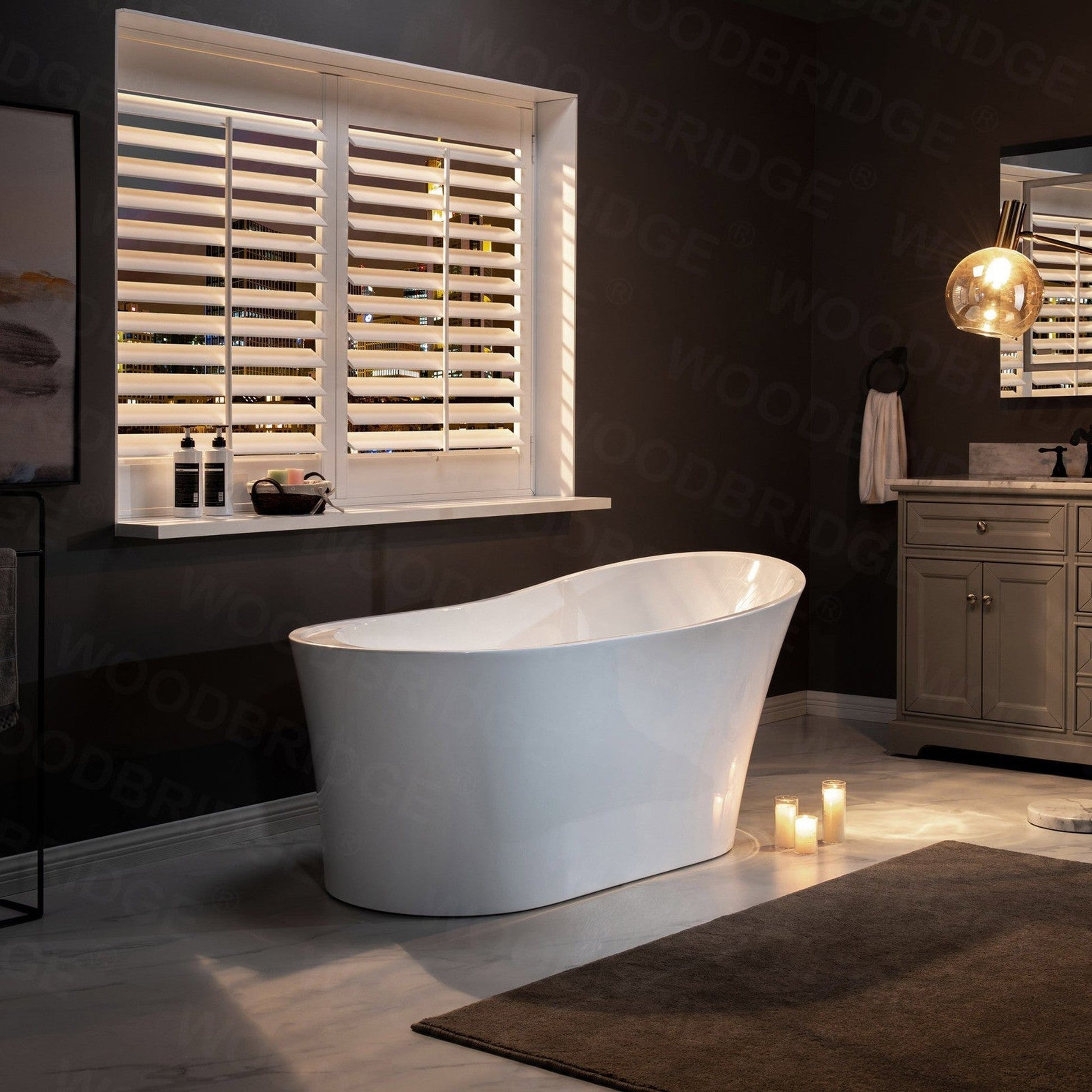 WoodBridge B0084 67" White Acrylic Freestanding Soaking Bathtub With Chrome Drain, Overflow, F-0013 Tub Filler and Caddy Tray