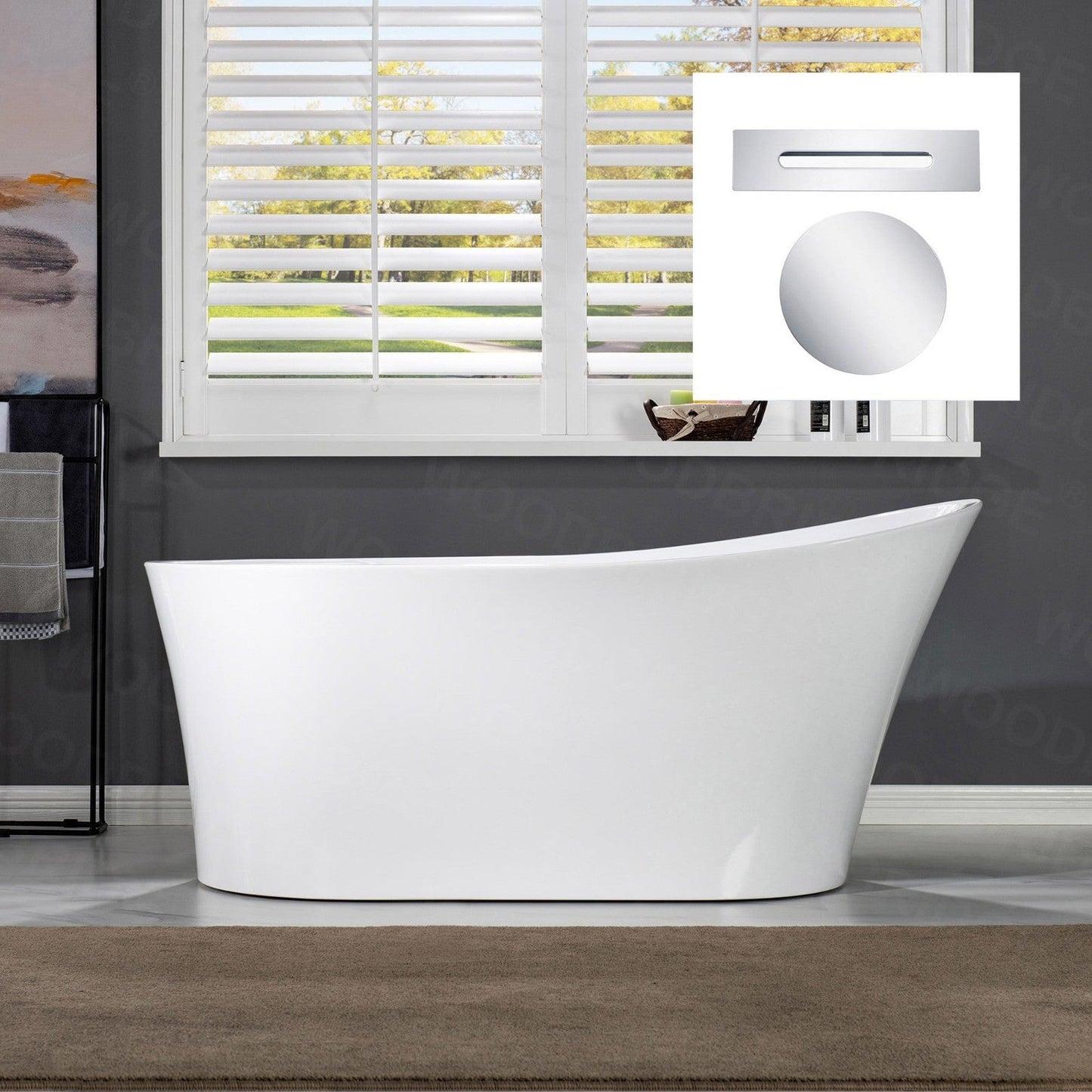 WoodBridge B0084 67" White Acrylic Freestanding Soaking Bathtub With Chrome Drain, Overflow, F-0013 Tub Filler and Caddy Tray