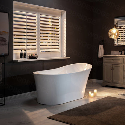 WoodBridge B0084 67" White Acrylic Freestanding Soaking Bathtub With Chrome Drain, Overflow, F0071CHVT Tub Filler and Caddy Tray