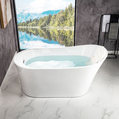 WoodBridge B0084 67" White Acrylic Freestanding Soaking Bathtub With Chrome Drain and Overflow