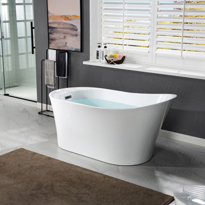 WoodBridge B0084 67" White Acrylic Freestanding Soaking Bathtub With Matte Black Drain, Overflow, F0072MBVT Tub Filler and Caddy Tray