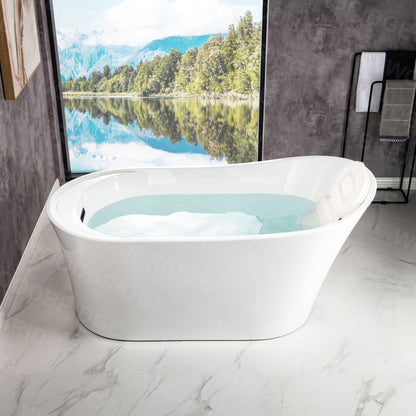 WoodBridge B0084 67" White Acrylic Freestanding Soaking Bathtub With Matte Black Drain, Overflow, F0072MBVT Tub Filler and Caddy Tray