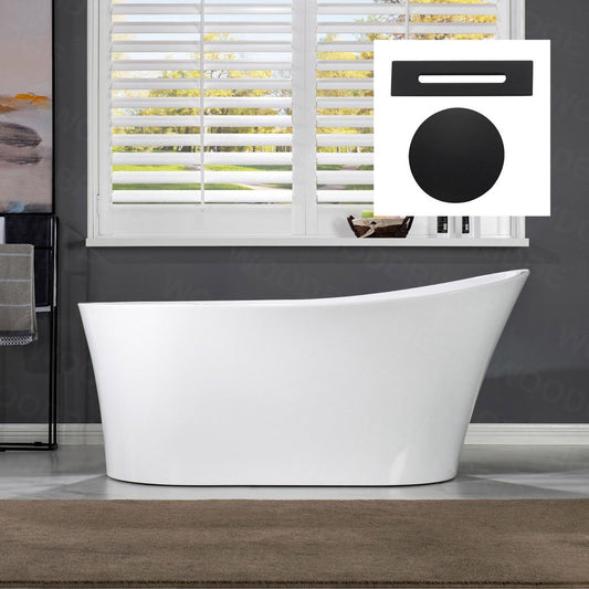 WoodBridge B0084 67" White Acrylic Freestanding Soaking Bathtub With Matte Black Drain, Overflow, F0072MBVT Tub Filler and Caddy Tray