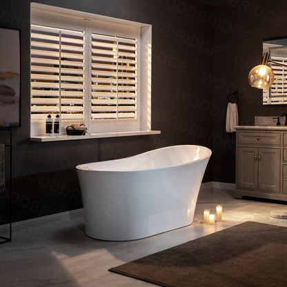 WoodBridge B0084 67" White Acrylic Freestanding Soaking Bathtub With Matte Black Drain and Overflow