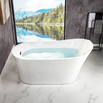 WoodBridge B0084 67" White Acrylic Freestanding Soaking Bathtub With Oil Rubbed Bronze Drain and Overflow