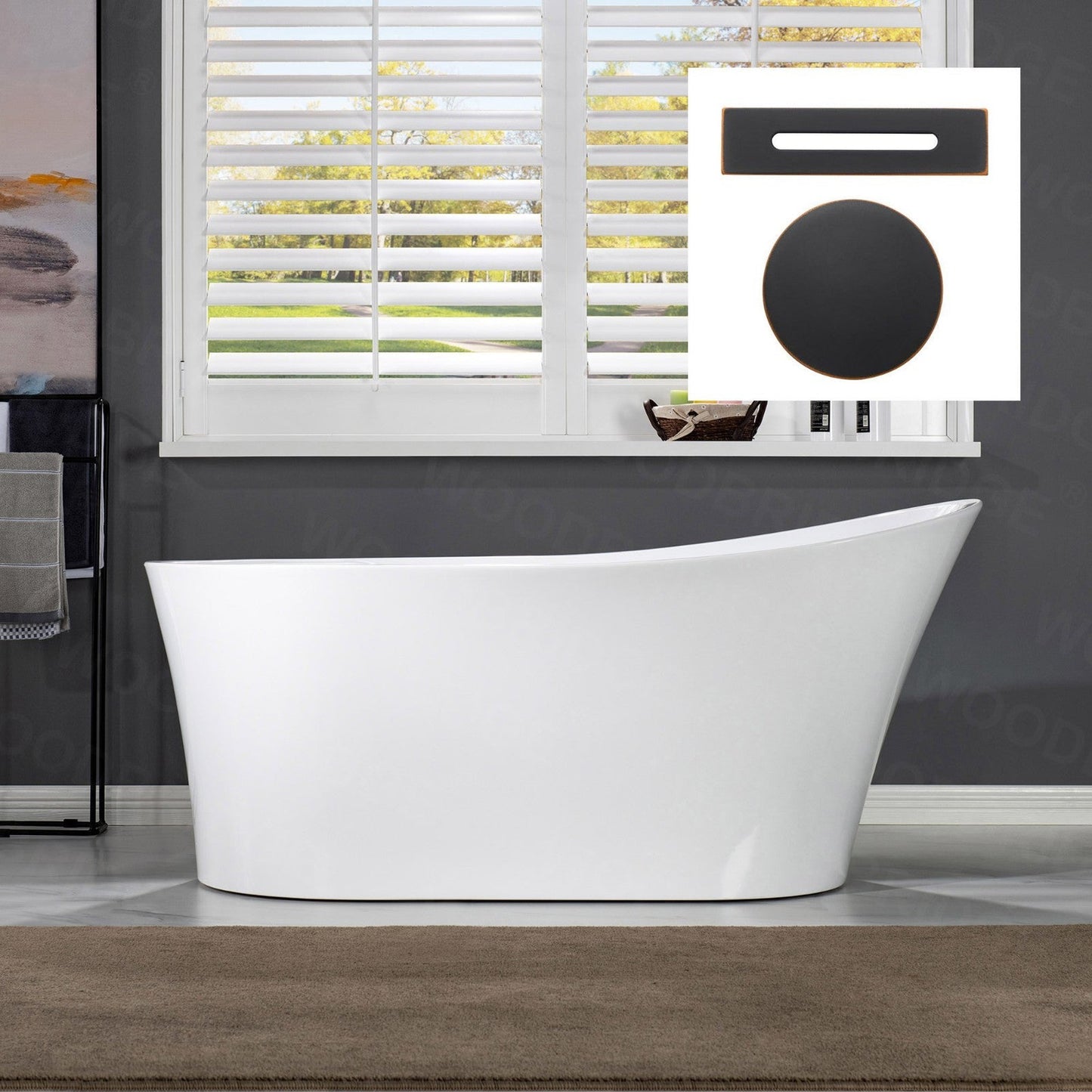 WoodBridge B0084 67" White Acrylic Freestanding Soaking Bathtub With Oil Rubbed Bronze Drain and Overflow