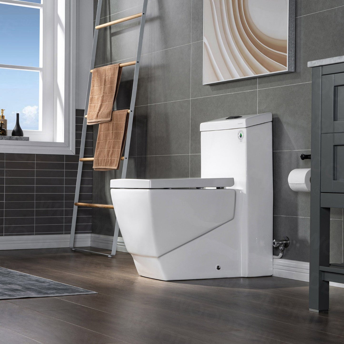 WoodBridge B0920-ORB Modern Square Design One Piece Dual Flush 1.28 GP Toilet, Chair Height With Soft Closing Seat and Oil Rubbed Bronze Button