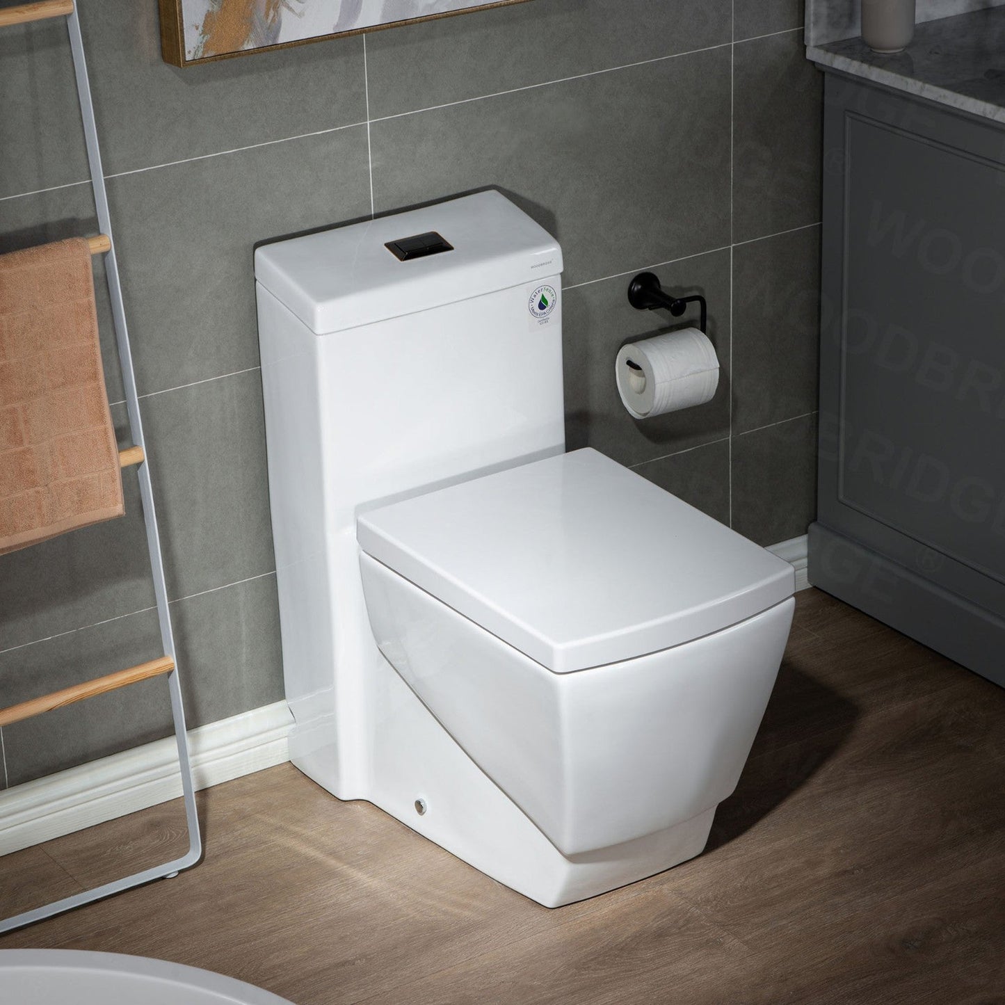 WoodBridge B0920-ORB Modern Square Design One Piece Dual Flush 1.28 GP Toilet, Chair Height With Soft Closing Seat and Oil Rubbed Bronze Button